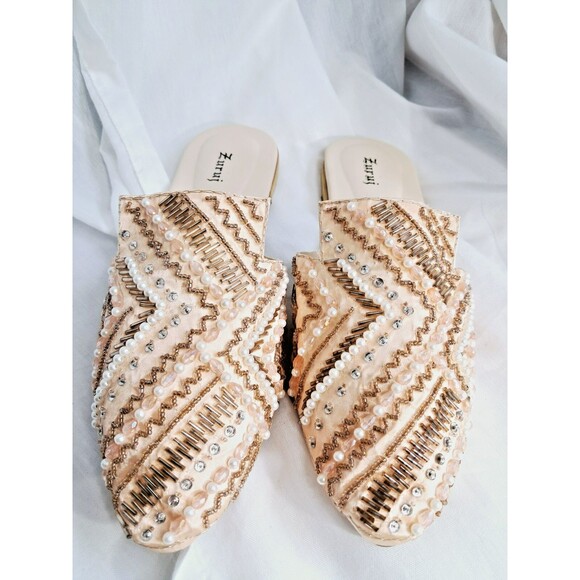 Peach Satin Embroidered Beaded Slip On Mules Zuruj Size 41 US 10 - Picture 6 of 13